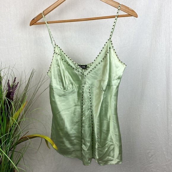 Susan Lucci 100% Silk Green Metal Studded Sleeveless Camisole Top 14 - Picture 2 of 7